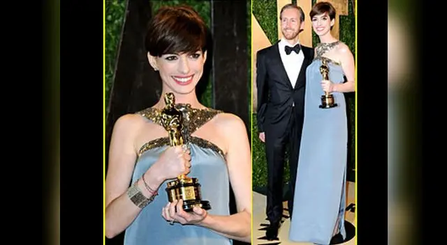 Anne Hathaway posa con su Oscar a Mejor Actriz de Reparto por Los Miserables en una de las fiestas post Oscar.