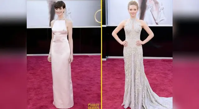 Anne Hathaway (Prada) y Amanda Seyfried (Valentino) en la alfombra roja del Oscar 2013.