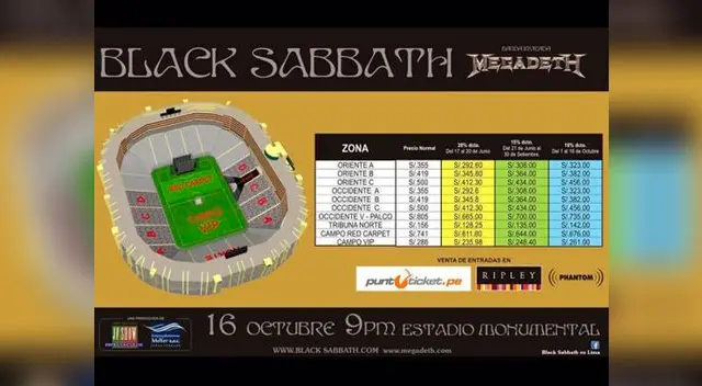 Fecha, precio y zonas para el concierto de Black Sabbath.