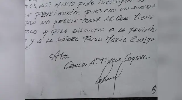 Esta es la misiva que Carlos Timaná envió a El Popular. Aquí, la firma del avezado delincuente.