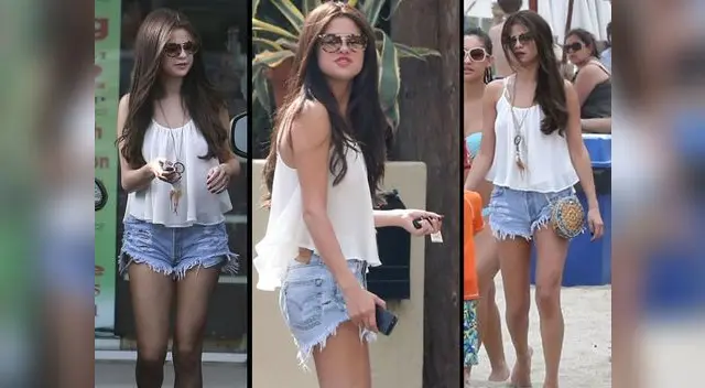 Selena Gomez usando los mismos shorts durante un paseo en la playa