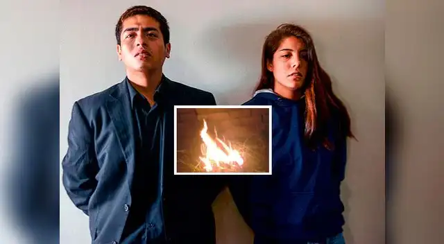 Marco Arenas y Fernanda Lora en una foto tomada poco después de ser intervenidos por la muerte de la madre del primero María Castillo a quien llegaron a prender fuego.
