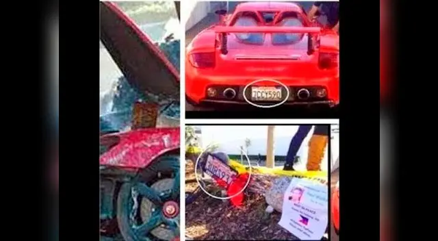 Esta foto pretende hacer creer que las placas del auto antes y después del accidente 'no coinciden'. Sin embargo, es notorio el photoshop que colocó la segunda placa en lugar de la original
