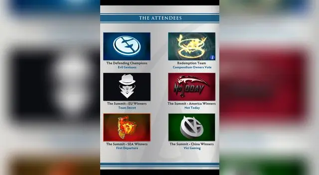 The Attendees: Evil Geniuses (Estados Unidos), Team Secret (Europa), Vici Gaming (China), Not Today (América), First Departure (Singapur) y Cloud 9 (Europa)