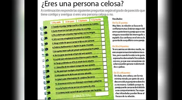 A continuación responde las siguientes preguntas según el grado de parecido que tiene contigo y averigua si eres una persona celosa o no.  