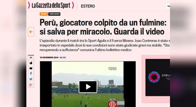 Impacto de rayo en Joao Contreras dio la vuelta al mundo con la prensa internacional.