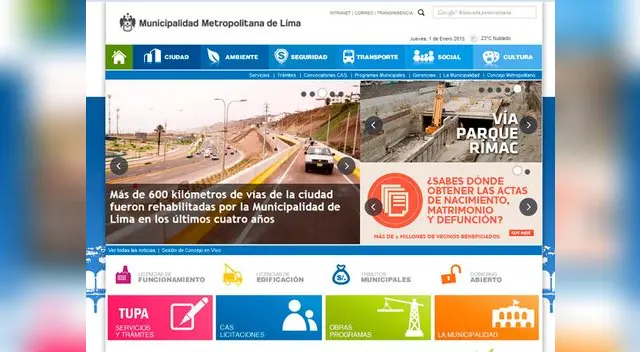 Pantallazo de la web de municipio de Lima captado el 1 de enero a las tres de la tarde.