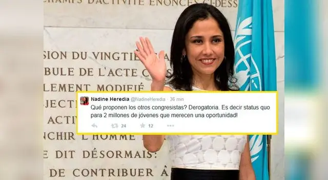 Nadine Heredia deja clara su posición en Twitter: no desea que el Congreso deroge Ley Pulpín. Nadine Heredia deja clara su posición en Twitter: no desea que el Congreso deroge Ley Pulpín.