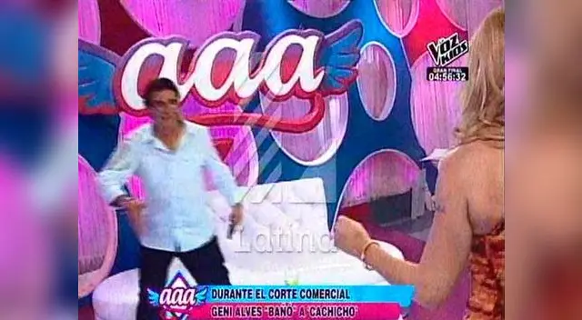 Geni Alves y Jaime Ridoutt. Garota lo bañó con agua durante corte comercial.