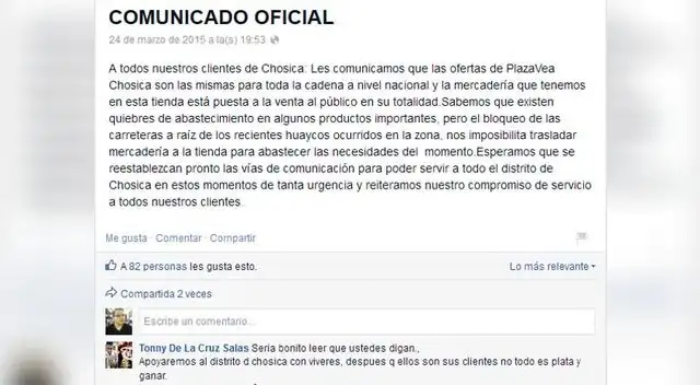 Plaza Vea. Comunicado. Plaza Vea. Comunicado.