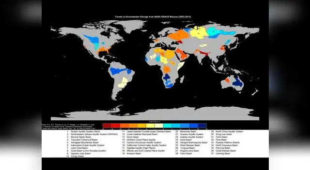 Mapa de acuíferos del planeta, captados por satélites de la NASA.