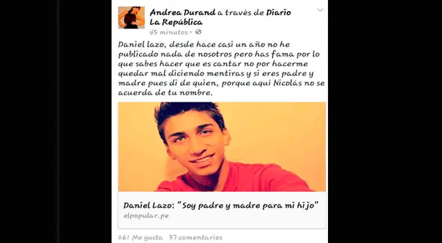 El mensaje fue compartido por Durand y arremetió contra el cantante.