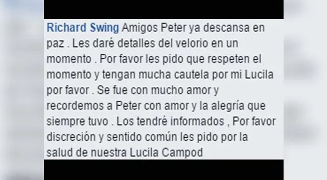 Publicación de Richard sobre el velorio de Peter. Publicación de Richard sobre el velorio de Peter.