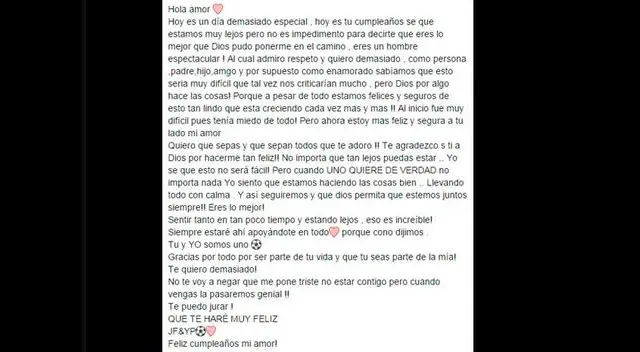 Mensaje difundido por Yahaira donde revela cuánto ama al futbolista.