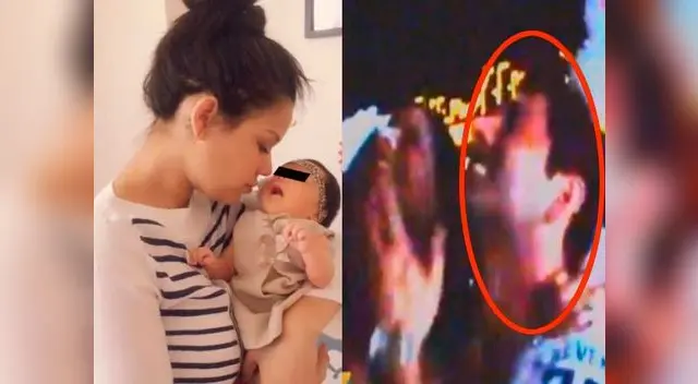 Andrea carga a Maia mientras que Sebastián abraza a otra mujer.