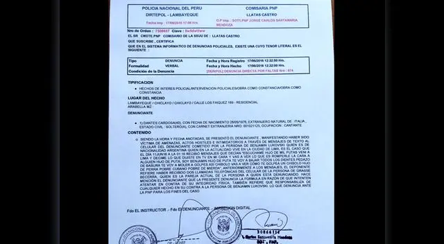 Denunció a Benjamín en comisaría de Lambayeque