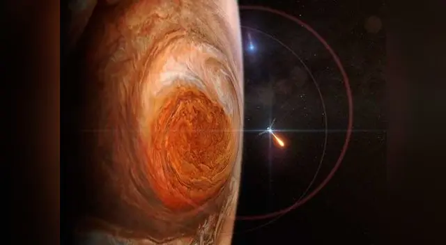 Ilustración de cómo sería la llegada de Juno (al lado izquierdo de la foto) a la órbita de Júpiter