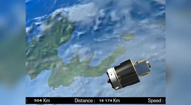 Satélite Perú SAT-1 (simulación) en pleno vuelo de inserción a órbita de la Tierra