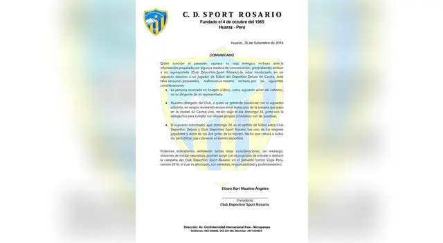 este es el comunicado del club Sport Rosario haciendo los descargos