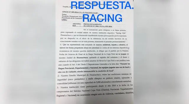 La respuesta del racing no tardó en llegar