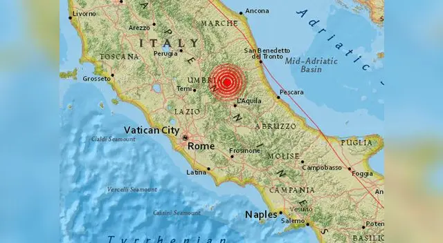 Mapa de Italia marcado con el epicentro del terrible terremoto