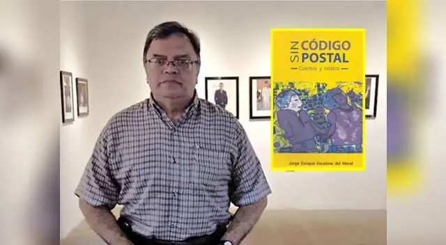 Jorge Enrique Escalona y la portada de su libro "Sin código postal"
