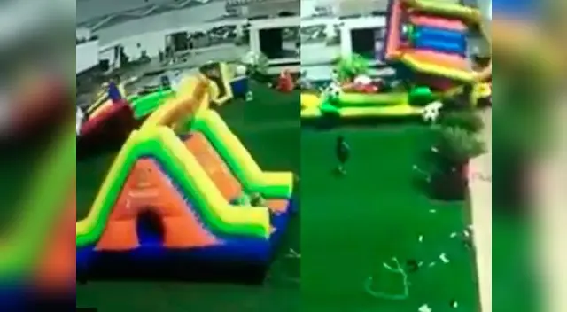 Los inflables fueron levantados como globos aún con los niños encima Los inflables fueron levantados como globos aún con los niños encima