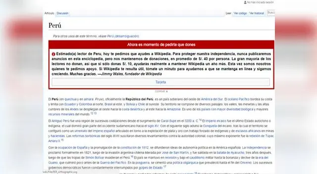 Wikipedia pide donación a peruanos