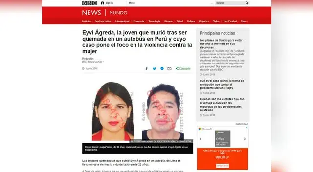 Portal de BBC Mundo informando de la muerte de Eivy Ágreda
