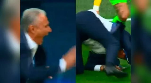 Tite resbala tras celebrar gol de Brasil y lo comparan con Neymar 