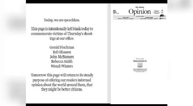 Capital Gazette, publicó hoy viernes su edición en papel con la sección de opinión en blanco Capital Gazette, publicó hoy viernes su edición en papel con la sección de opinión en blanco
