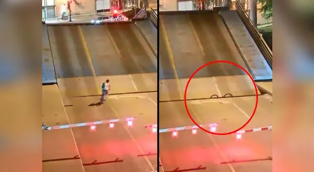 Ciclista ignora importante señal de tránsito y casi es aplastado por puente levadizo Ciclista ignora importante señal de tránsito y casi es aplastado por puente levadizo