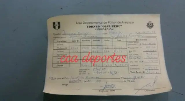 Este es balance de la taquilla del partido Sportivo Huracán con Locumba. FOTO: César Condori