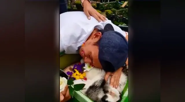 Joven desconsolado por la muerte de su perro Joven desconsolado por la muerte de su perro