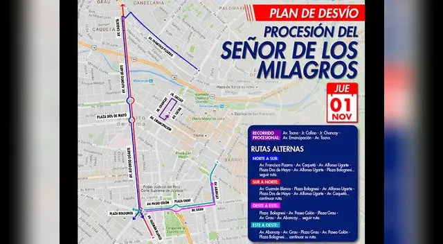 Aplican plan de desvío por procesión del Señor de los Milagros