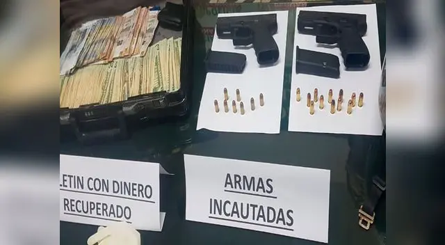 Las armas de los delincuentes y el dinero recuperado por la PNP