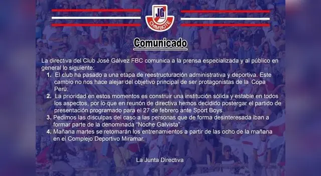 El comunicado que indica la suspensión de la noche galvista El comunicado que indica la suspensión de la noche galvista