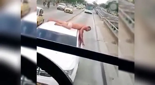 Infiel es pasea desnudo sobre su auto tras ser descubierto por su pareja