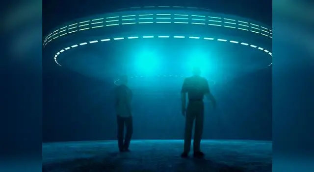 Representación gráfica del encuentro entre dos seres humanos y un OVNI