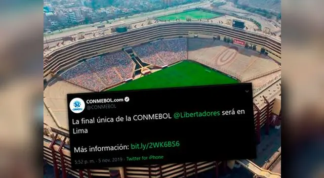 La primera final de la Copa Libertadores, con la modalidad de un solo partido definitivo, se jugará en Lima