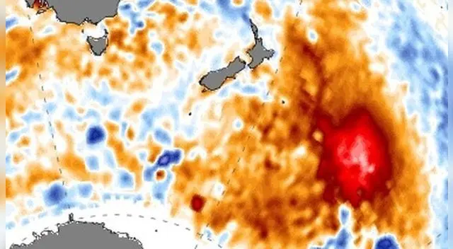'Mancha Roja' de agua caliente se encuentra en el Océano Pacifico con Dirección a Sudamérica 