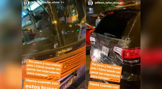 Bus que causó el accidente y auto de Jefferson Farfán que fue víctima del choque