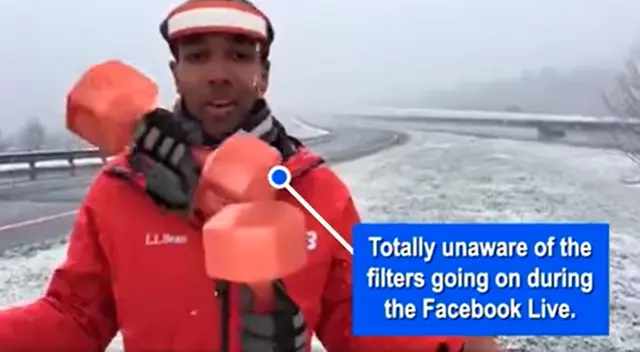 Reportero Justin Hinton accidentalmente activó los filtros de Facebook cuando realizaba un enlace en vivo. Reportero Justin Hinton accidentalmente activó los filtros de Facebook cuando realizaba un enlace en vivo.