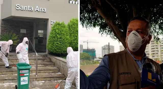 Personal de limpieza pública de la Municipalidad de MIraflores inicia las labores de desinfección en el perímetro del Edificio Santa Ana. Personal de limpieza pública de la Municipalidad de MIraflores inicia las labores de desinfección en el perímetro del Edificio Santa Ana.