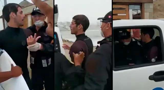 Momento que la Policía detiene al surfista de Punta Hermosa. Fue trasladado a la comisaría.