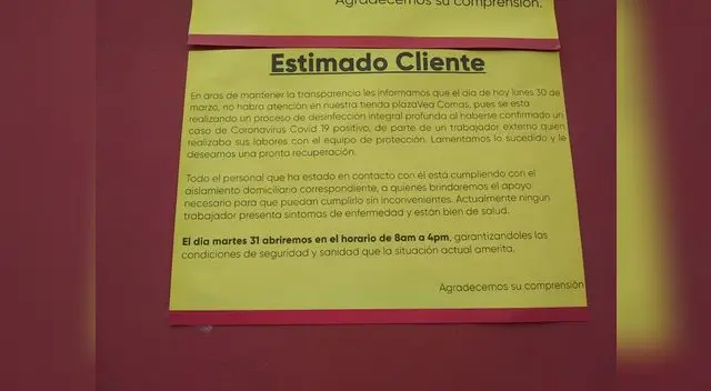 Plaza Vea de Comas confirma que uno de sus trabajadores tiene coronavirus