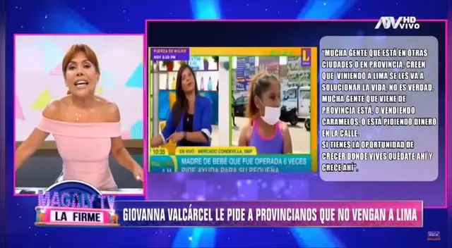 Giovanna Valcárcel le pide a provincianos que no vengan a Lima, lo que indignó a Magaly Medina. Giovanna Valcárcel le pide a provincianos que no vengan a Lima, lo que indignó a Magaly Medina.