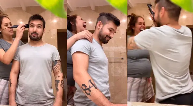 Karen Schwarz le corta el cabello a Ezio Oliva. Karen Schwarz le corta el cabello a Ezio Oliva.