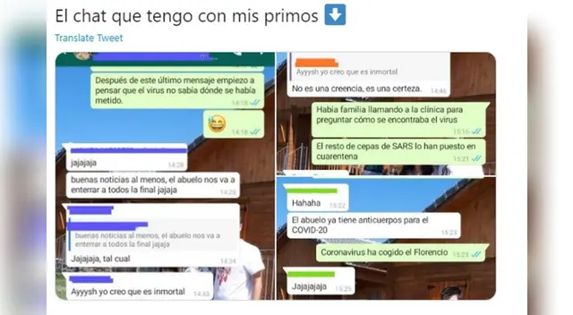 También mostró los mensajes con sus primos tras comentarles que el abuelo venció al coronavirus.