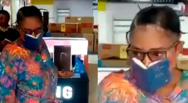 La mujer utilizó una biblia pequeña como cubrebocas. La mujer utilizó una biblia pequeña como cubrebocas.